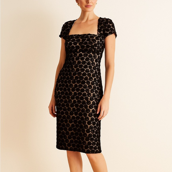 Cap Sleeve Midi-length Mesh Spiralled Lace Cocktail Dress - Picture 1 of 5